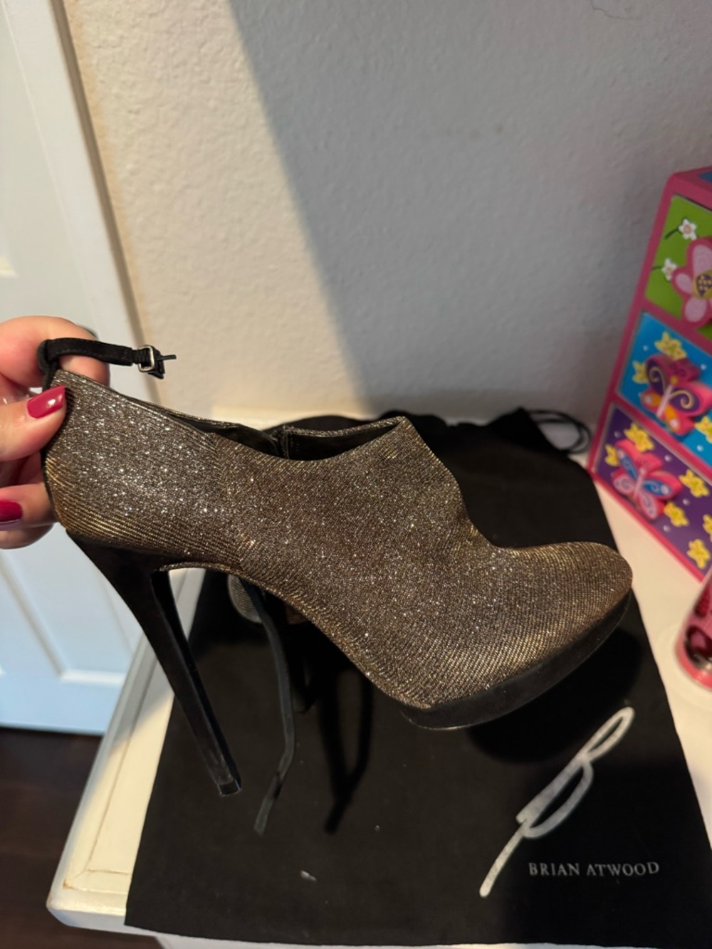 Brian Atwood Golden Brown Glitter/ Metallic Platform Ankle-Heel with Black Heel